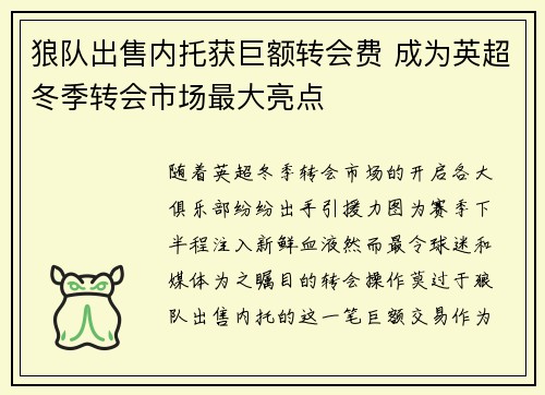 狼队出售内托获巨额转会费 成为英超冬季转会市场最大亮点 狼队出售内托获巨额转会费 成为英超冬季转会市场最大亮点
