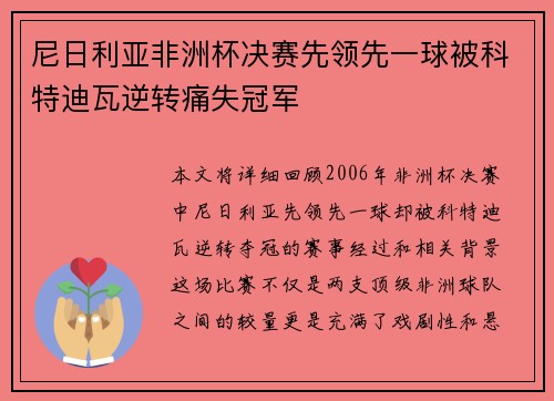 尼日利亚非洲杯决赛先领先一球被科特迪瓦逆转痛失冠军 尼日利亚非洲杯决赛先领先一球被科特迪瓦逆转痛失冠军